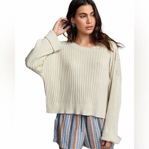 RVCA Ribbed Crew Neck Drop Shoulder Crop Top Oatmeal Oversized